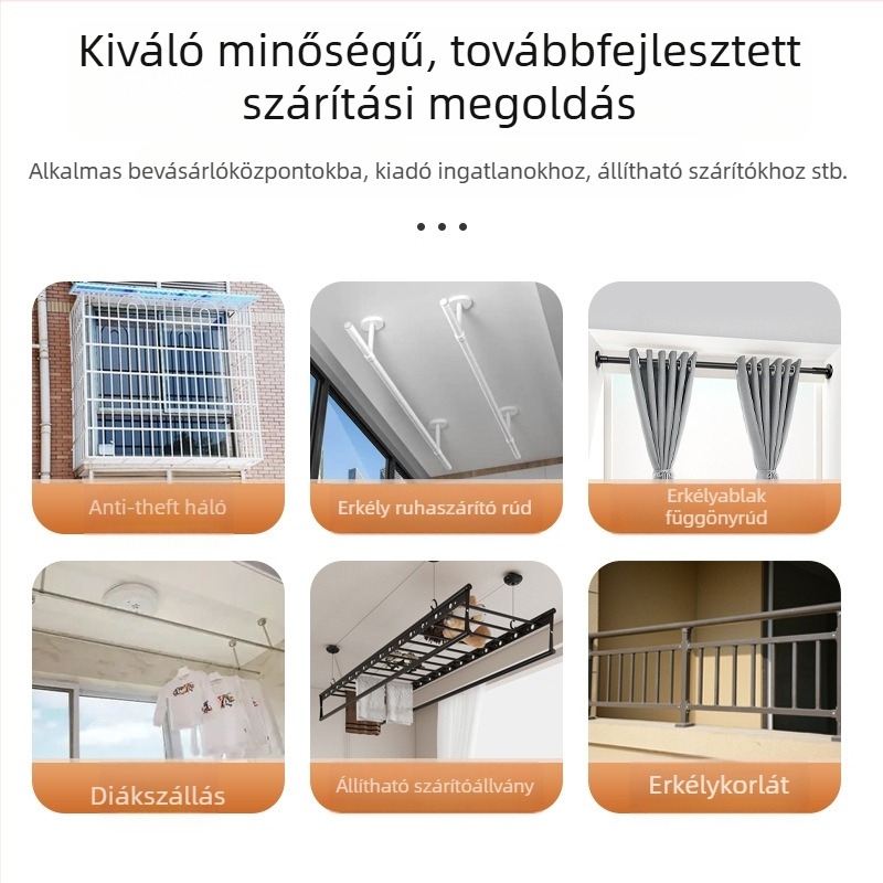 Rozsdamentes acél teleszkópos ruhaszárító rúd erkélyre, felső rögzítés kampókkal
