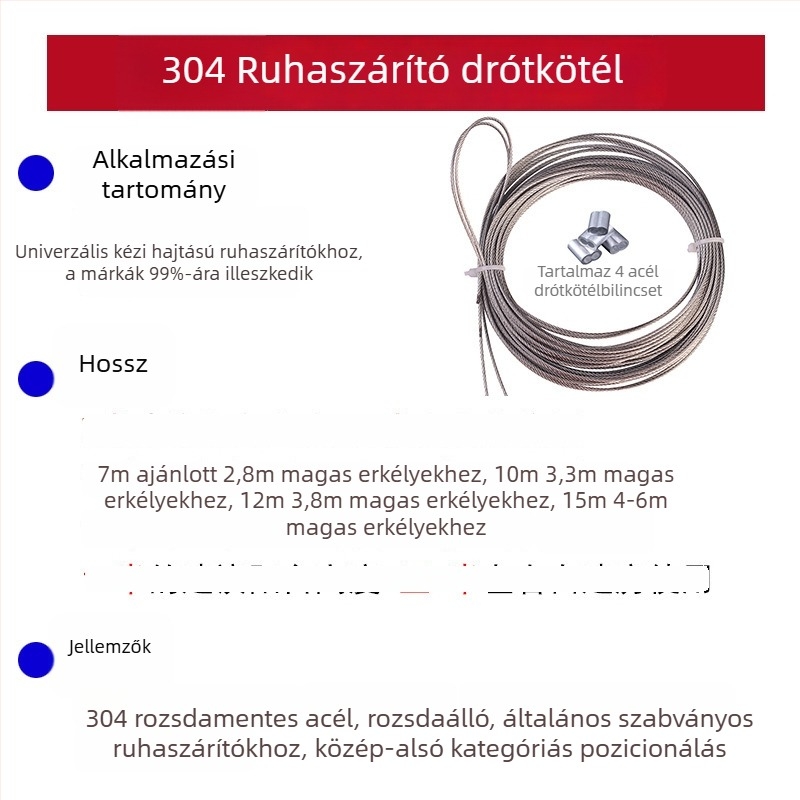 Állítható ruhaszárító rozsdamentes acélból 304/316, acélsodrony, erkély kézi hajtású, belső ruhaszárító rúdhoz javítóalkatrész