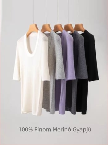 Női Merinó gyapjú kötött T-shirt, U-nyakú, 100% superfinom Merino gyapjú, rövid ujjú, tavasz–nyár