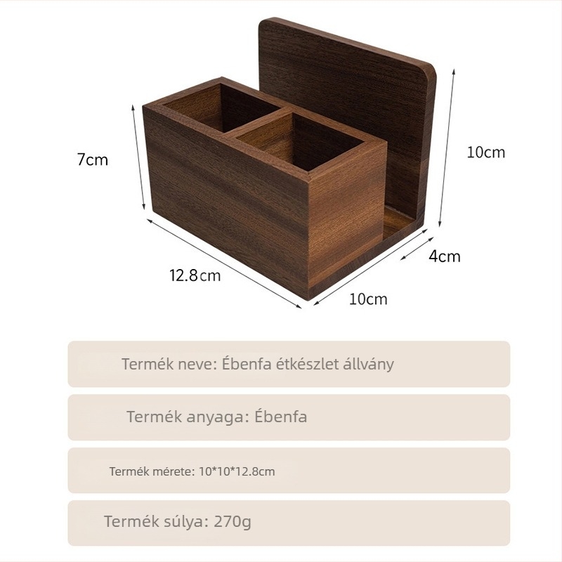 Ebenfa evőeszköz-tároló doboz szalvétatartóval és fogantyúval — kés, villa és kanál rendező