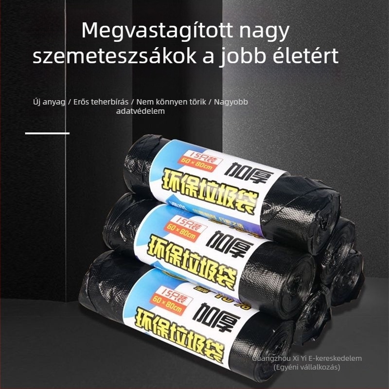 Vastagított közepes és nagy méretű szemeteszacskók, 60×80 cm, fekete, tekercses csomagolás – szállodák, otthonok és kereskedelmi felhasználás.