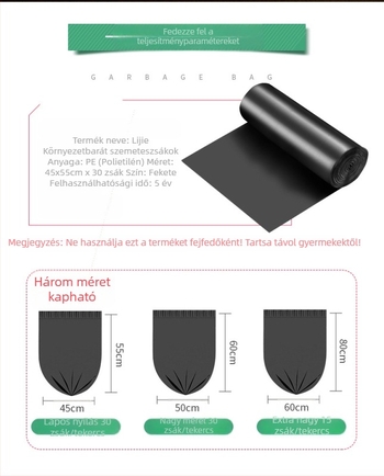 Háztartási fekete, tekercses szemeteszsákok, kis méret, vastag HDPE