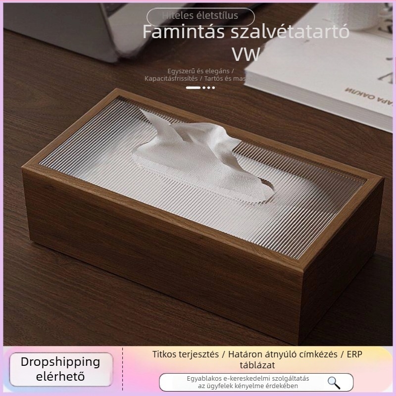 Diófából készült szalvétadoboz, retro-stílusú modern minimalist kivitel, nappali, étkező és kávéasztal számára