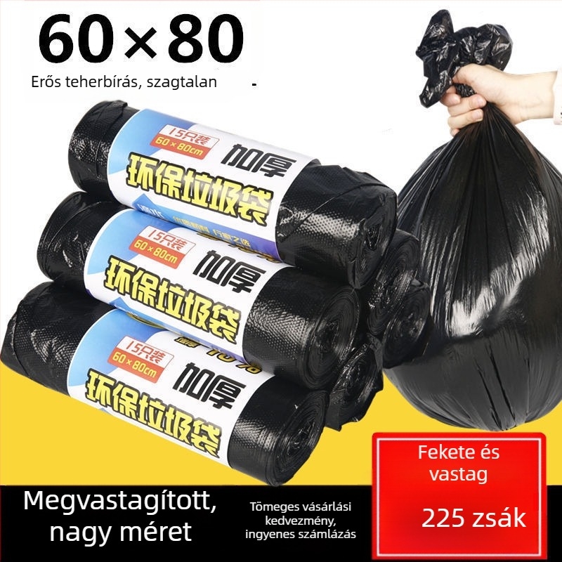 Vastagított, nagy méretű fekete szemeteszsák, 60×80 cm, tekercsben, szállodai, háztartási és kereskedelmi felhasználásra