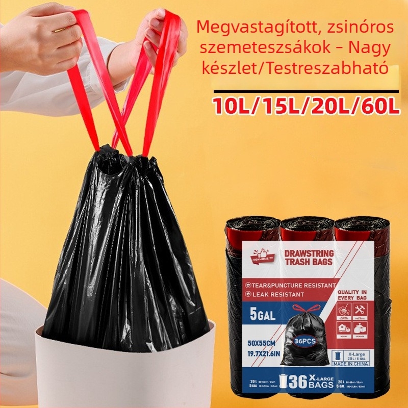 Nagy fekete húzós szemeteszsák háztartási használatra, megerősített kivitel, konyhai használatra, automatikus zárás