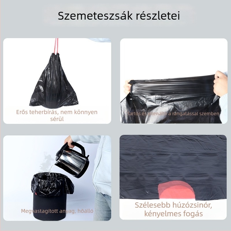Háztartási szemeteszsák húzózsinórral, vastagított, költséghatékony, konyhai felhasználás, tekercsben, közepes és nagy méret