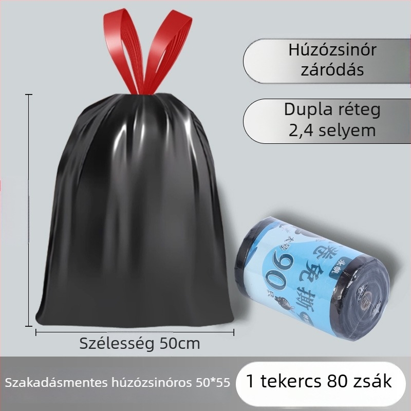 Háztartási szemeteszsák húzózsinórral, vastagított, költséghatékony, konyhai felhasználás, tekercsben, közepes és nagy méret