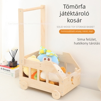 Fából készült babatároló doboz, medve kocsi formában, ruhák és játékok tárolására