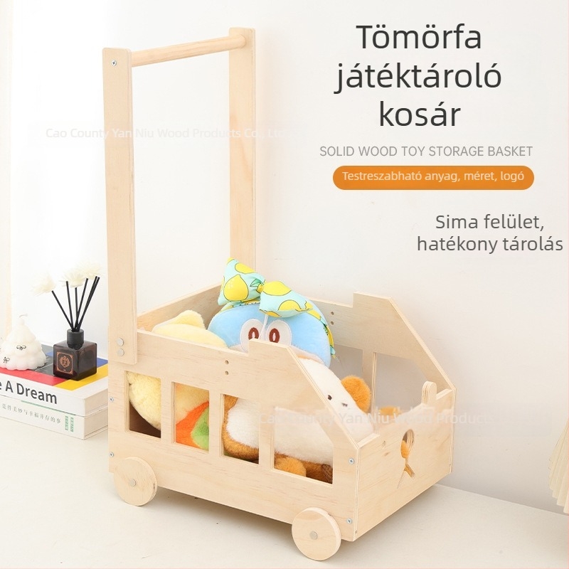 Fából készült babatároló doboz, medve kocsi formában, ruhák és játékok tárolására