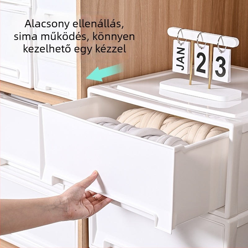 Fiókos tárolódobozok készlet, 4 darab, ruhásszekrénybe szervezés – játékok, könyvek és ruhák, 30–40 L, méretek 35×44×30 cm, PP anyag, japán stílus