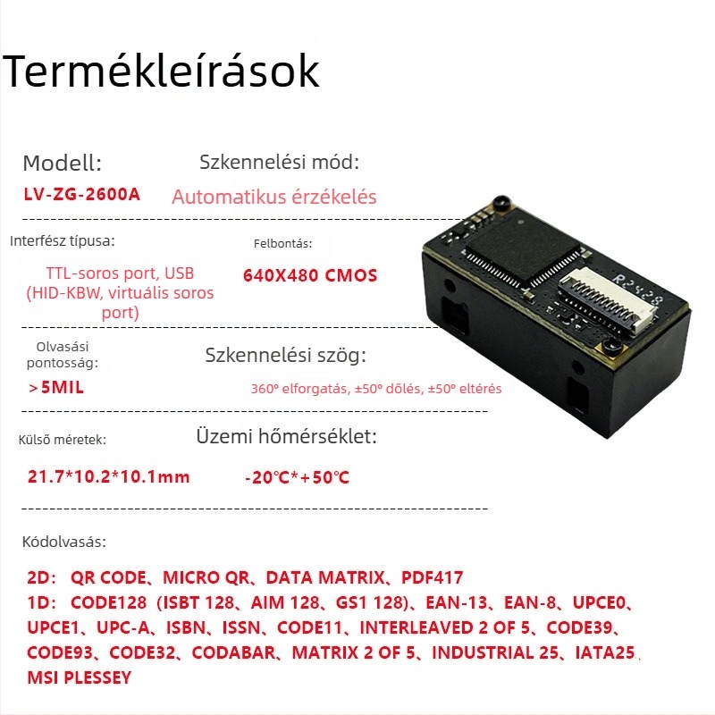USB vonalkódolvasó modul 1D/QR kódokhoz, beépített olvasófej