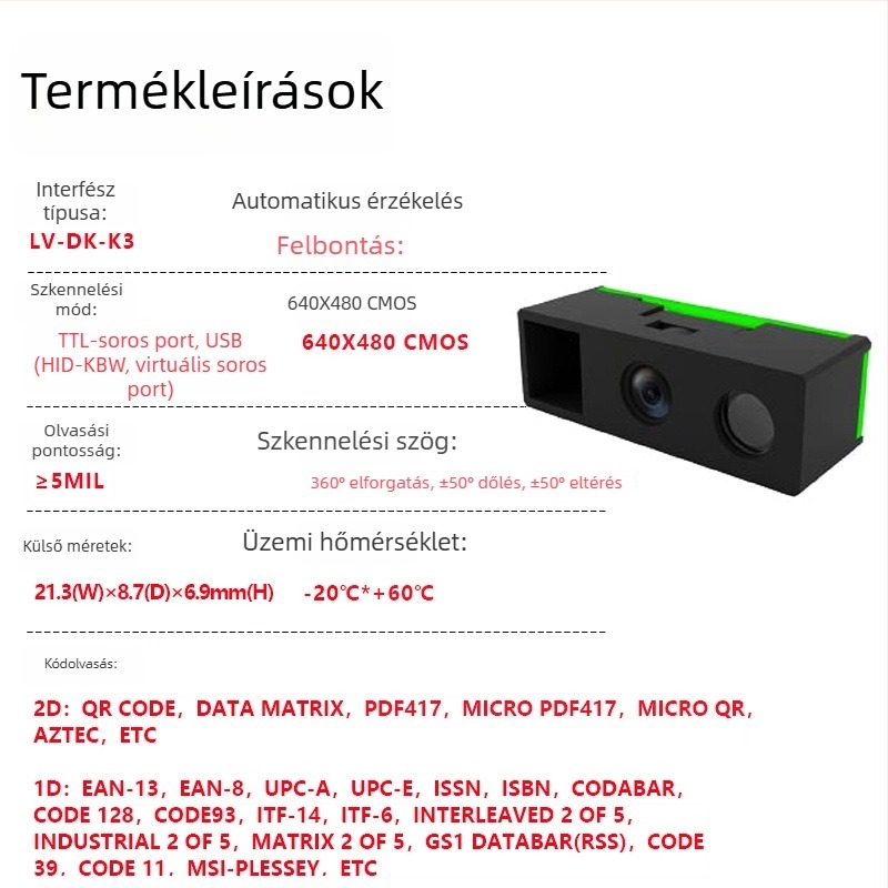 USB vonalkódolvasó modul 1D/QR kódokhoz, beépített olvasófej