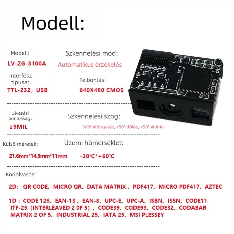 USB vonalkódolvasó modul 1D/QR kódokhoz, beépített olvasófej