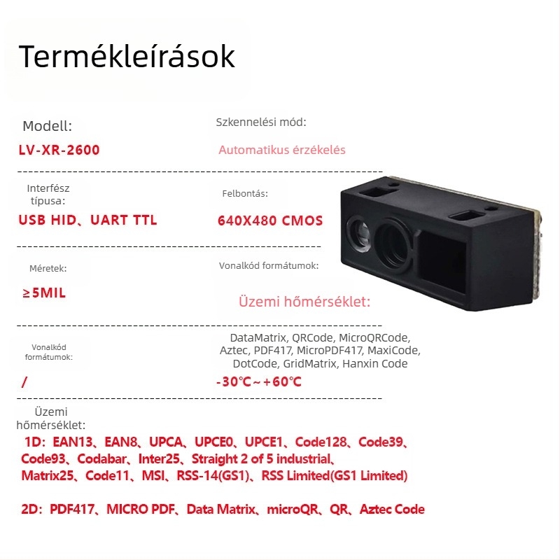 USB vonalkódolvasó modul 1D/QR kódokhoz, beépített olvasófej