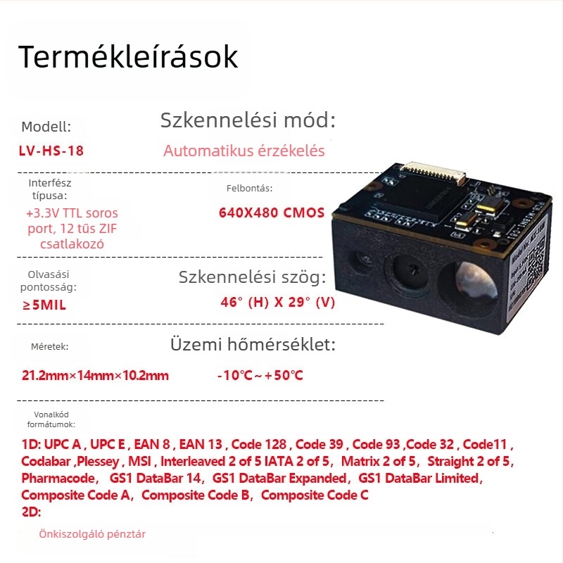 USB vonalkódolvasó modul 1D/QR kódokhoz, beépített olvasófej