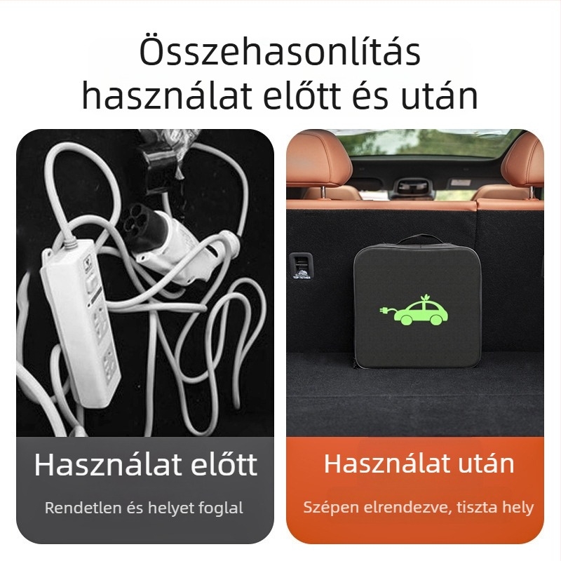 Elektromos jármű töltőkábel és töltőfej tároló tok, hordozható, vízálló, tűzálló és ütéscsillapító
