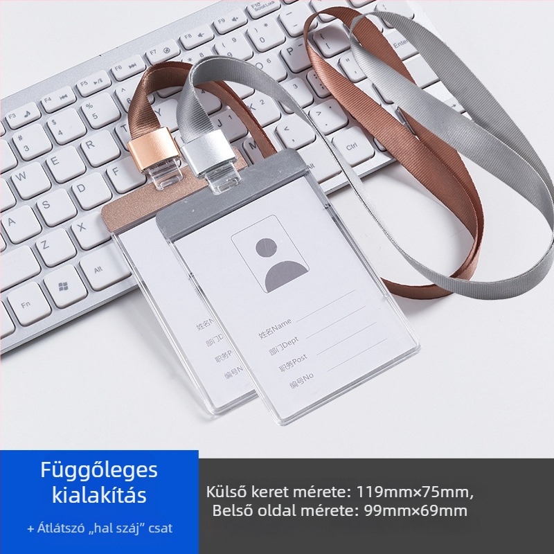 Alumíniumötvözetből készült akril kártyatartó nyakpánttal, modern letisztult stílusban; méret 90×73 mm; diákoknak, alkalmazottaknak és promótereknek.