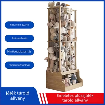 Fából készült plüssjátékok tárolóállvány dobozzal, padlóra álló dekoratív tároló, nagy kapacitás gyerekek plüssjátékai számára