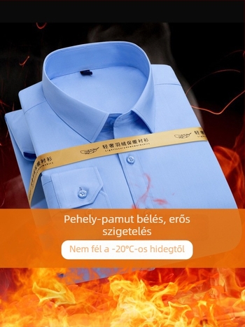 Férfi téli ing, pehelytöltéses, egyszínű, fleece-béléssel, vastag, lazán szabott, hosszú ujjú