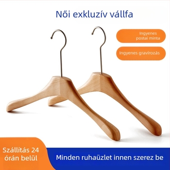 Női ruhákhoz készült tömörfa akasztó dió színben, csúszásmentes, ruházati üzletek számára, nadrágklipszek tömörfából – nagykereskedelem