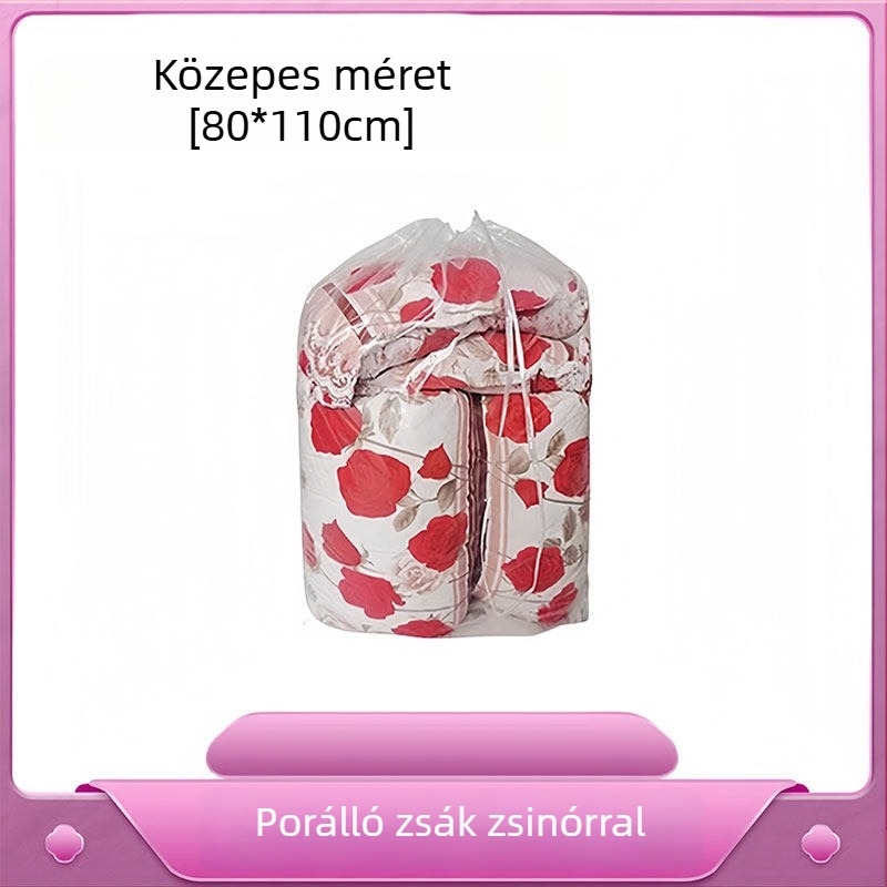 Megvastított extralarge PE műanyag tárolótáska lapos nyílással és húzózsinórral, paplanokhoz, por- és nedvességálló költöztetéshez