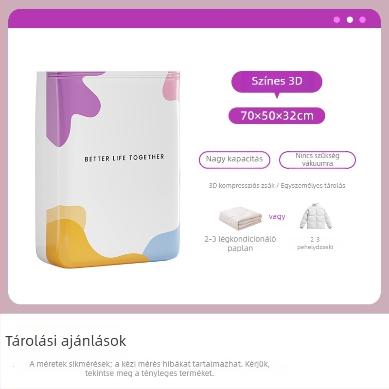 Színes 3D tárolókompressziós zsák pumpa nélkül, kétfunkciós a szezonális ruhákhoz és vastag paplanokhoz