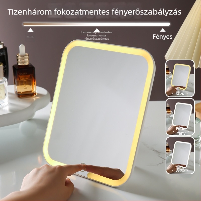 LED-es világítású asztali sminktükör, asztali kozmetikai tükör otthonra vagy kollégiumba, HD felbontású
