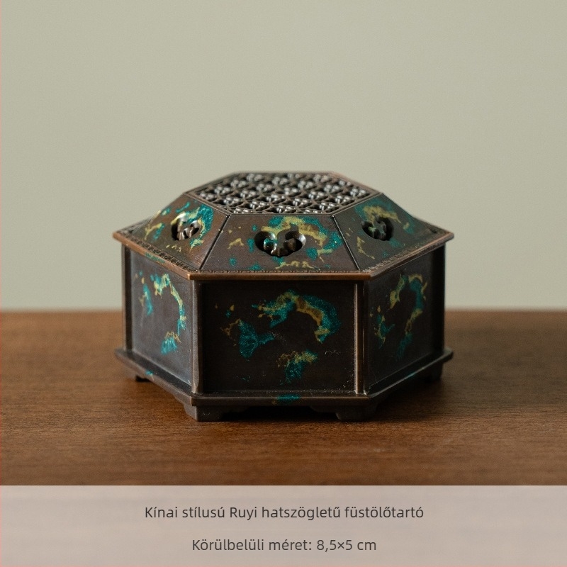 Kínai stílusú ötvözet hexagonális füstölőedény otthoni aromaterápiához, belül üreges, fedéllel, agarfa és szantálfa füstölő kiegészítők