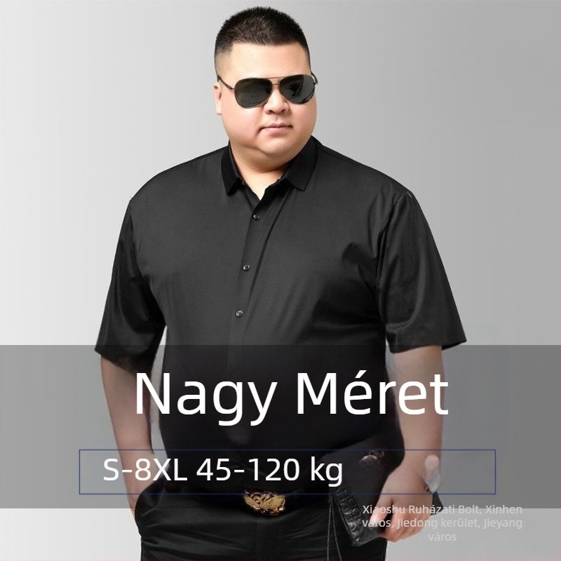 Férfi rövid ujjú ing, plusz méret, vékony anyagú, nyári üzleti-casual ing, Slim Fit, hegyes gallérral