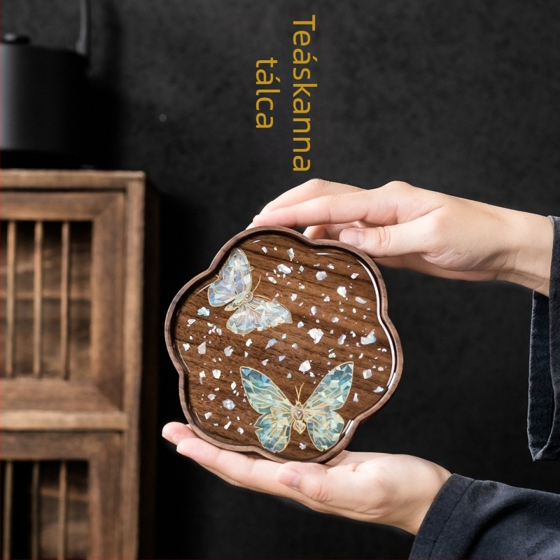 Diófából készült teáskanna-tartó és kis teás tálca, japán stílusú, fa kiegészítők és tárolás