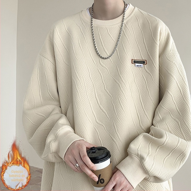 Jacquard amerikai stílusú nehéz pulóver fleece-beléssel, téli viselet, hosszú ujjú, kerek nyakú