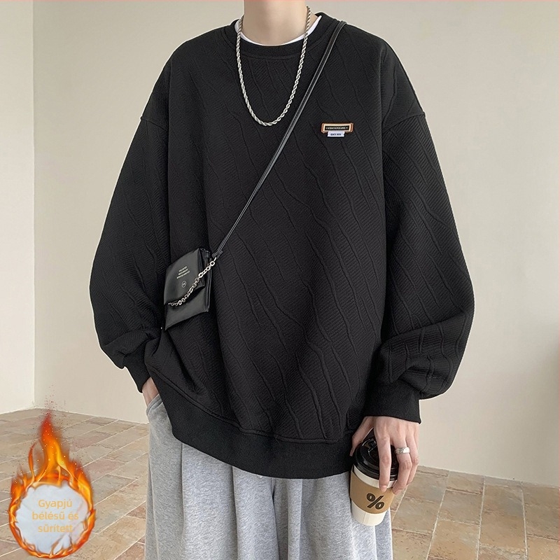 Jacquard amerikai stílusú nehéz pulóver fleece-beléssel, téli viselet, hosszú ujjú, kerek nyakú