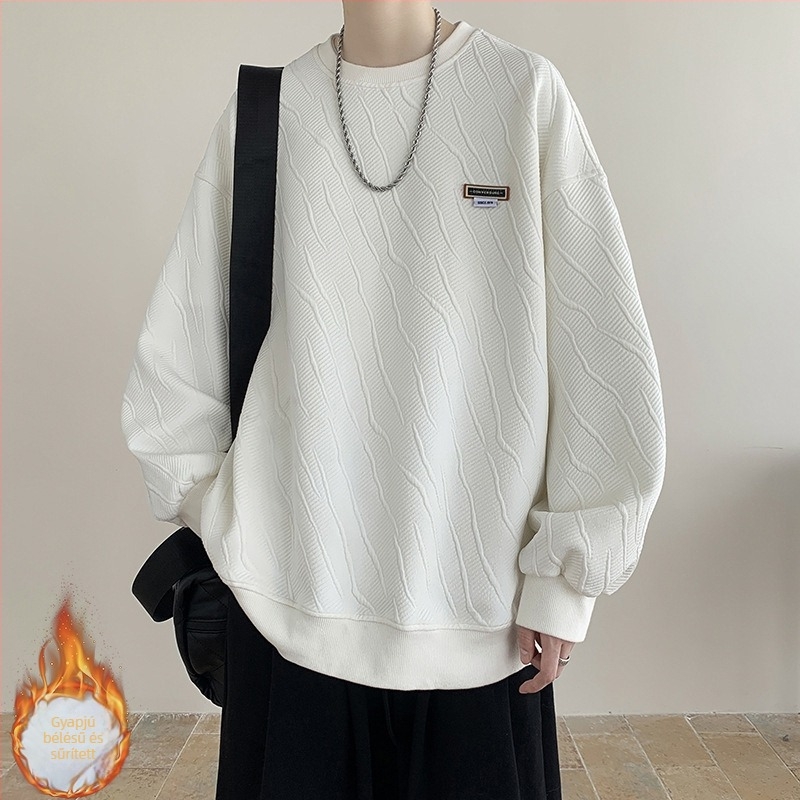 Jacquard amerikai stílusú nehéz pulóver fleece-beléssel, téli viselet, hosszú ujjú, kerek nyakú