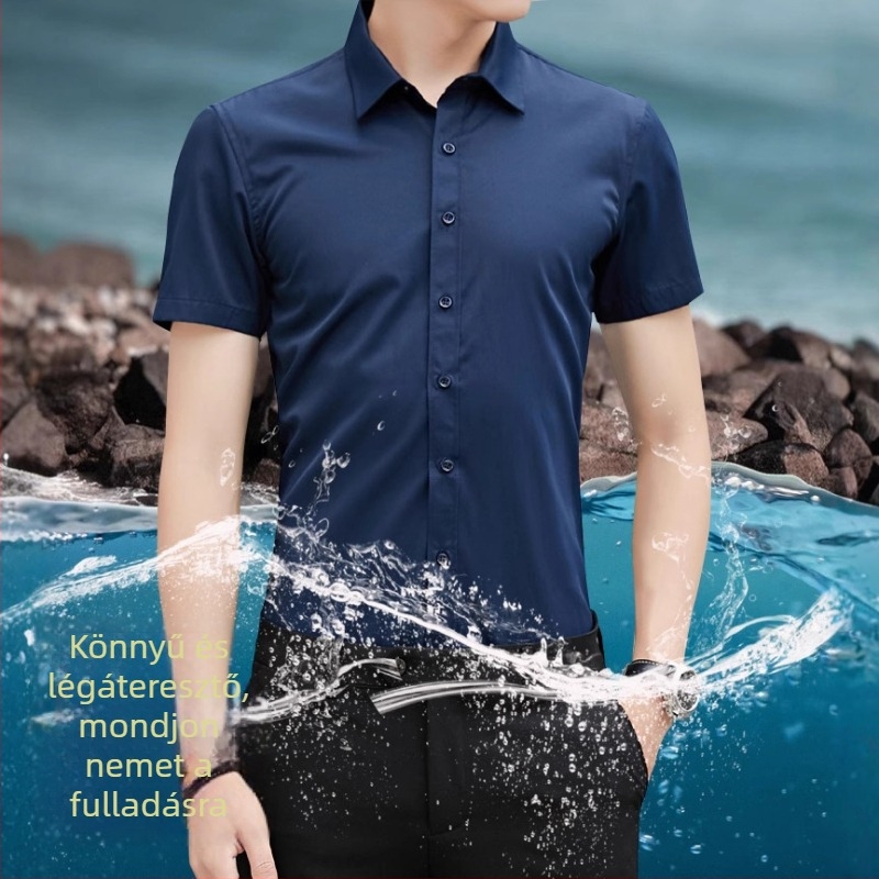 Nyári férfi rövid ujjú ing, koreai stílusú slim fit, egyszínű fekete, vékony, vasalásmentes