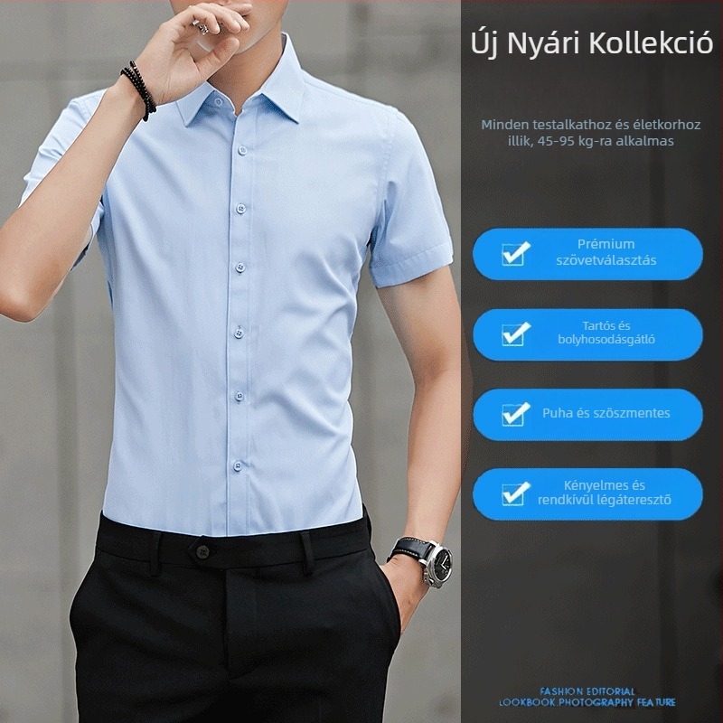Nyári férfi rövid ujjú ing, koreai stílusú slim fit, egyszínű fekete, vékony, vasalásmentes