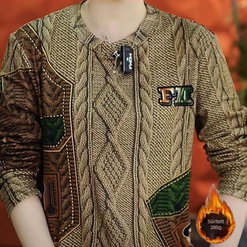 Férfi hosszú ujjú póló európai stílusú nyomtatással, német bársonyos textúra, slim-fit, meleg fleece-béléssel