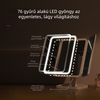 LED sminktükör, asztali összecsukható tükör világítással, újratölthető kagylóformájú dizájn