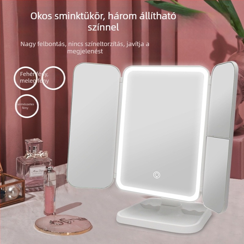 LED sminktükör, asztali összecsukható tükör világítással, újratölthető kagylóformájú dizájn