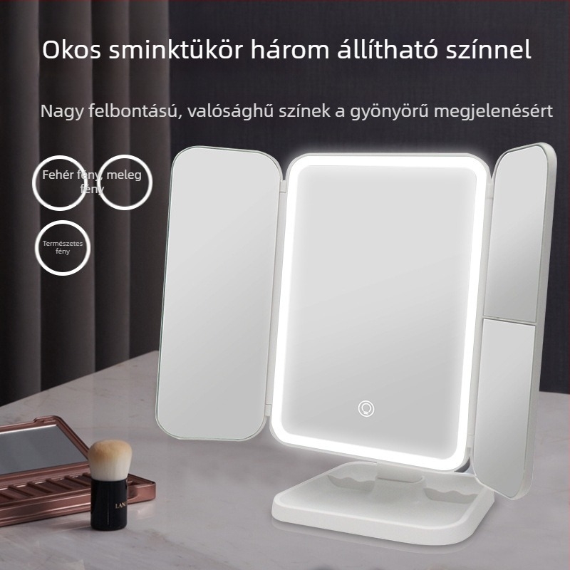 LED sminktükör, asztali összecsukható tükör világítással, újratölthető kagylóformájú dizájn