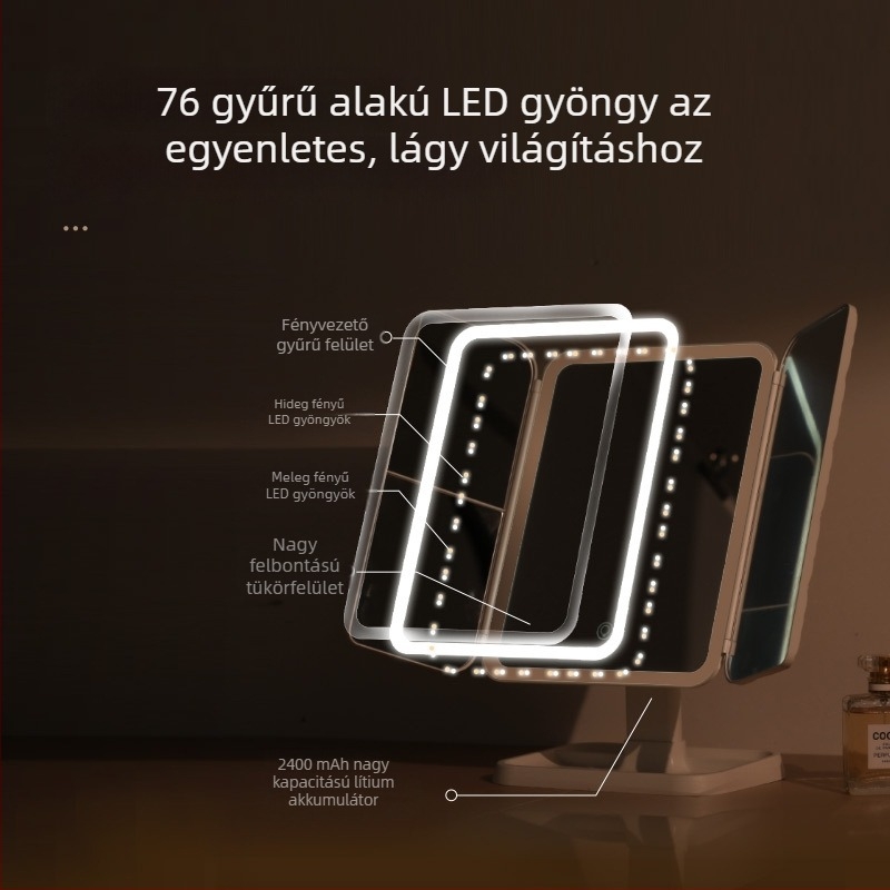 LED sminktükör, asztali összecsukható tükör világítással, újratölthető kagylóformájú dizájn