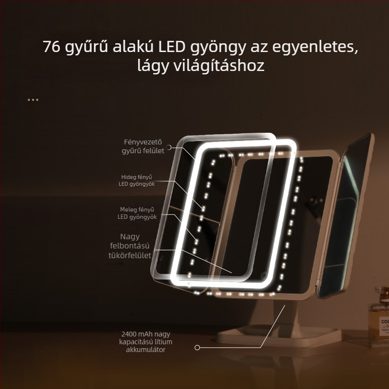 LED sminktükör, asztali összecsukható tükör világítással, újratölthető kagylóformájú dizájn