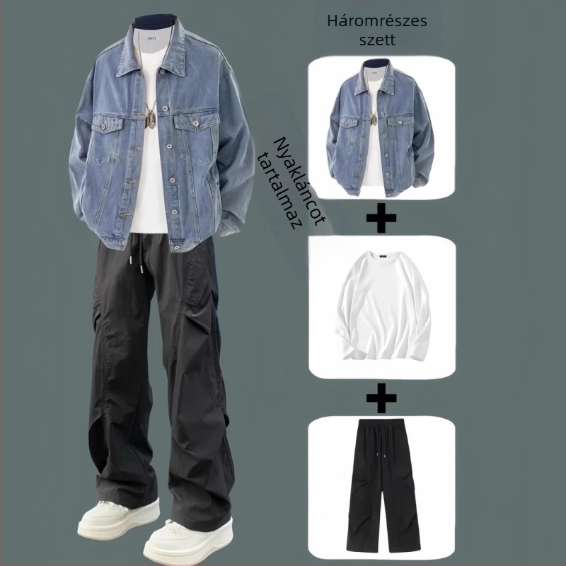 Japán stílusú férfi denim-ing – lazán szabott, háromrészes készlet dzsekivel, tavasz–ősz
