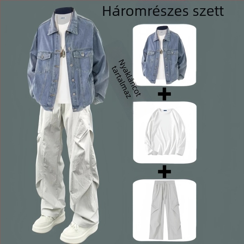 Japán stílusú férfi denim-ing – lazán szabott, háromrészes készlet dzsekivel, tavasz–ősz