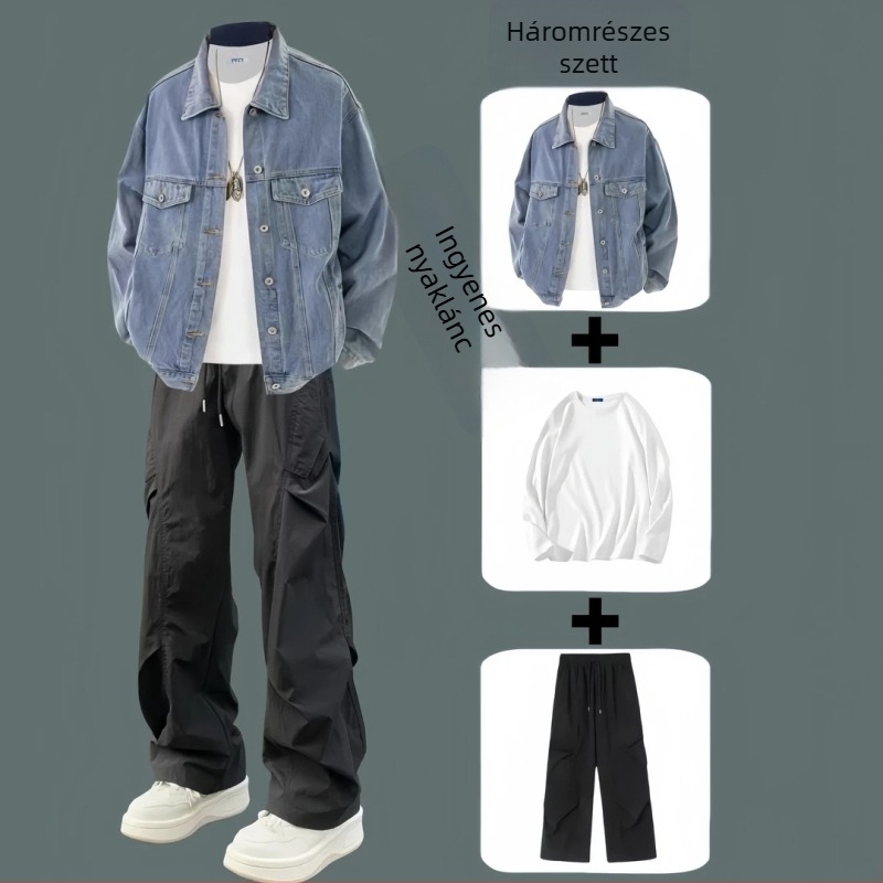 Japán stílusú férfi denim-ing – lazán szabott, háromrészes készlet dzsekivel, tavasz–ősz