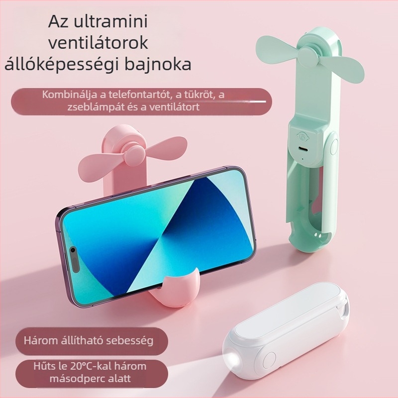 Összecsukható mini USB-s újratölthető kézi ventilátor tükrökkel és telefontartóval — hordozható asztali használatra, 2 lapát, 3 sebesség, csendes
