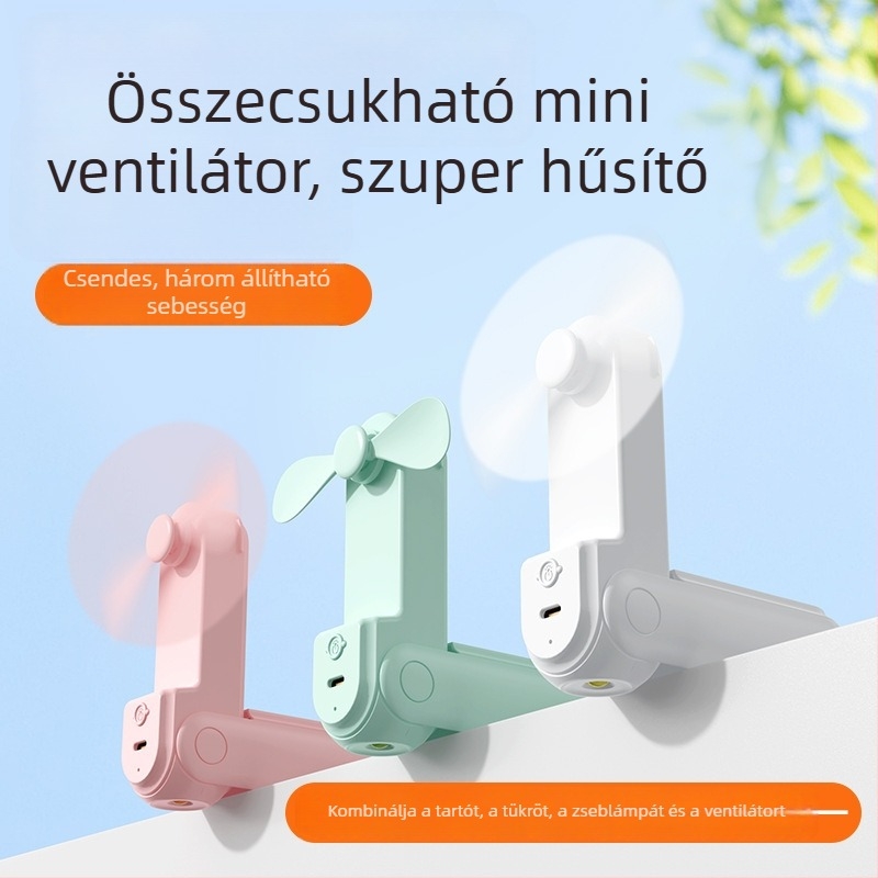 Összecsukható mini USB-s újratölthető kézi ventilátor tükrökkel és telefontartóval — hordozható asztali használatra, 2 lapát, 3 sebesség, csendes