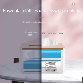 Rugóval működő papírzsebkendő-tartó automatikus emeléssel