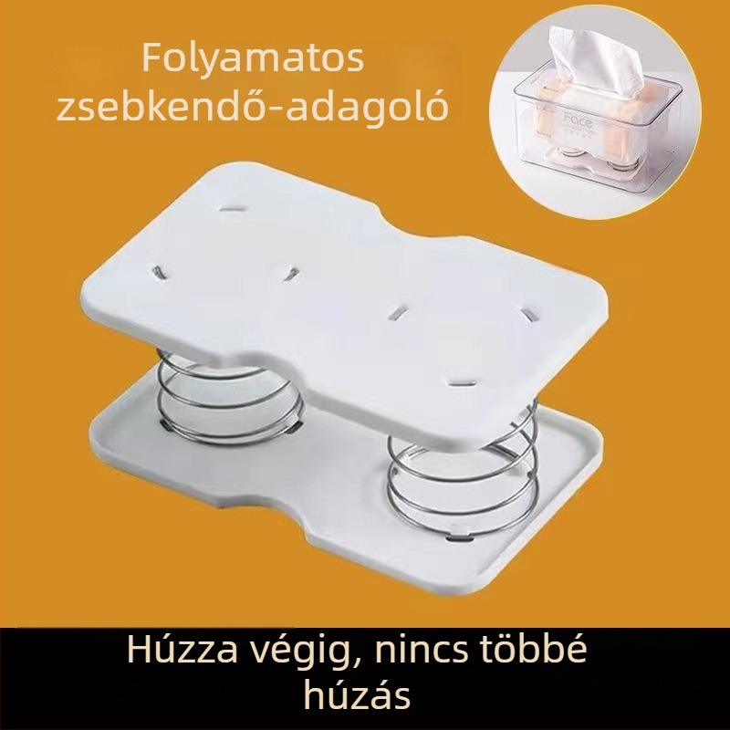 Rugóval működő papírzsebkendő-tartó automatikus emeléssel