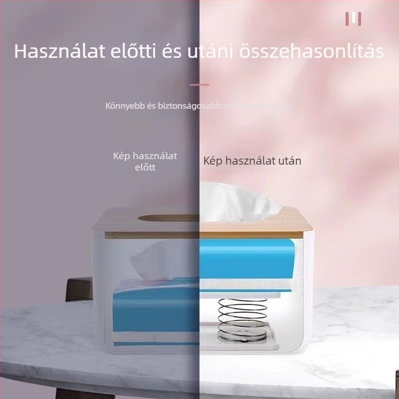 Rugóval működő papírzsebkendő-tartó automatikus emeléssel