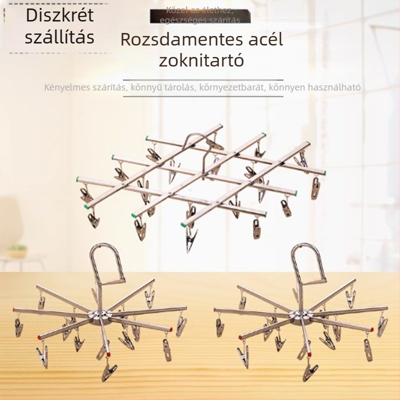 Rozsdamentes acél ruhaszárító állvány több klipszel, szélvédett, erkélyre, csecsemőknek, multifunkcionális